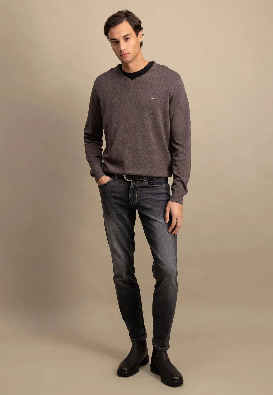 Fynch - Hatton Fine Knit V - Neck Cotton Knit Earth SFPK211-860-S