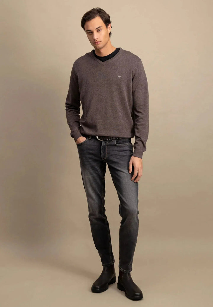 Fynch - Hatton Fine Knit V - Neck Cotton Knit Earth SFPK211-860-S