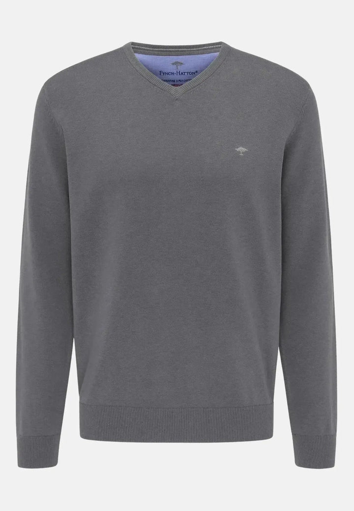 Fynch - Hatton Fine Knit V - Neck Cotton Knit Steel SFPK211-936-S