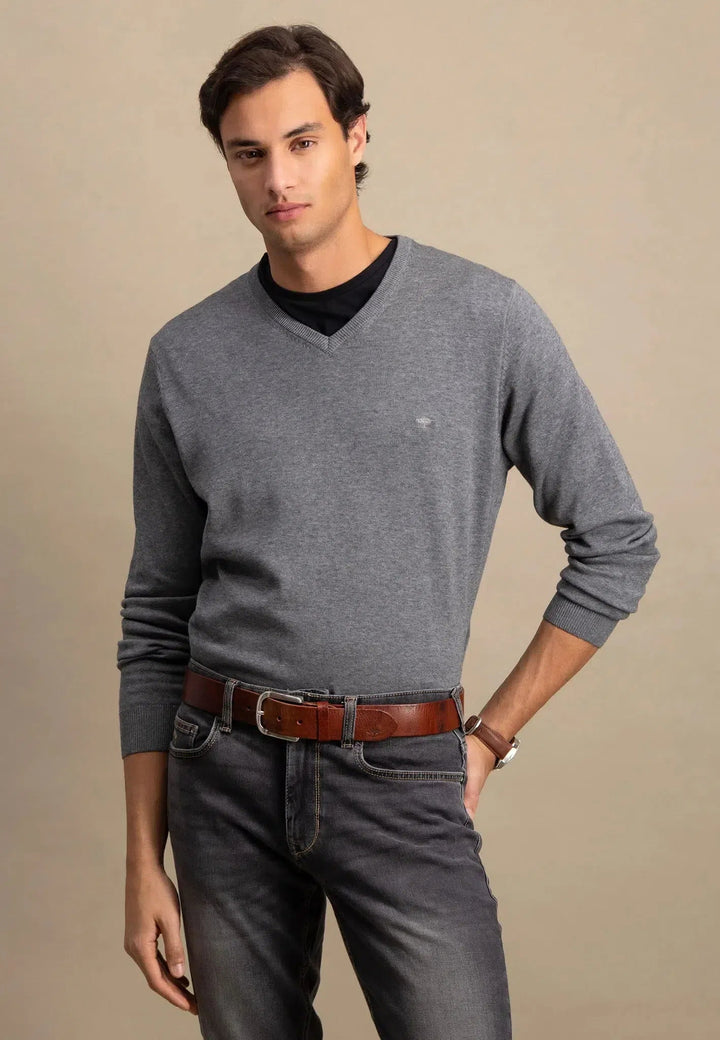 Fynch - Hatton Fine Knit V - Neck Cotton Knit Steel SFPK211-936-S