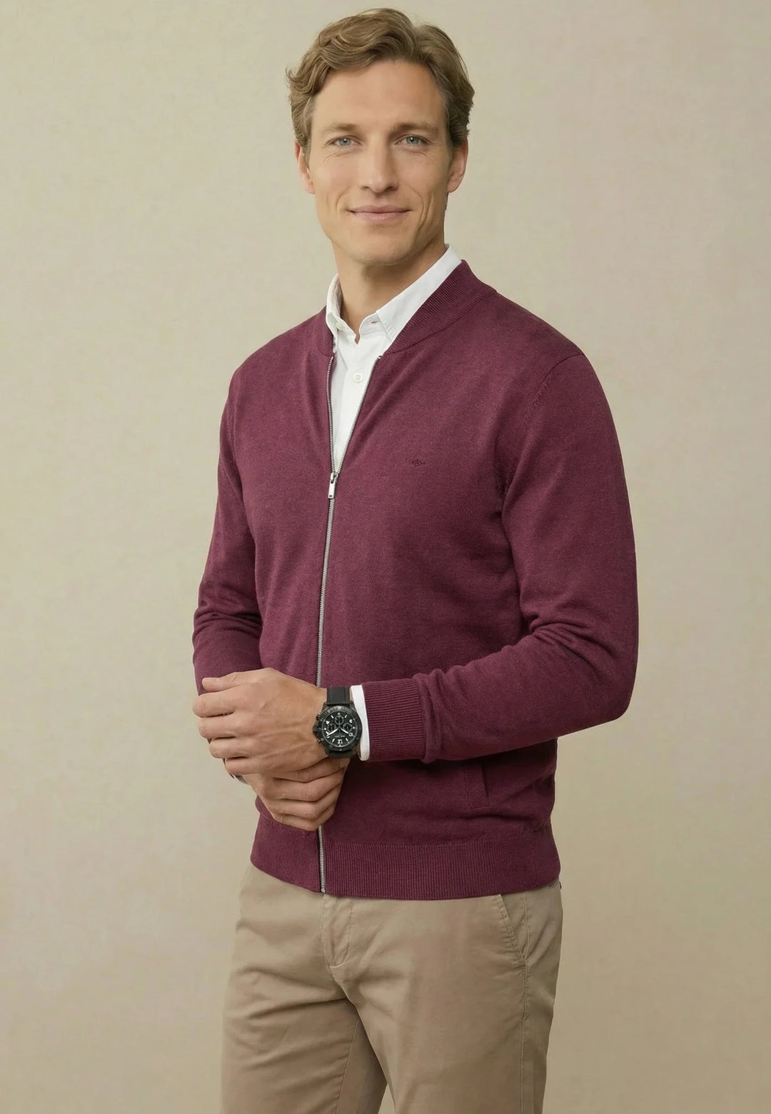 Fynch - Hatton Fine Knit Zipped Cardigan Deep Merlot - 1613216-368-M - fynch - hatton.co.uk