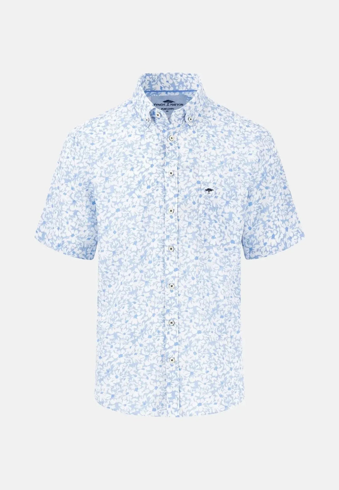 Fynch - Hatton Floral Print Linen Button Down Short Sleeved Shirt Summer Breeze - 15046111-607-S - fynch - hatton.co.uk