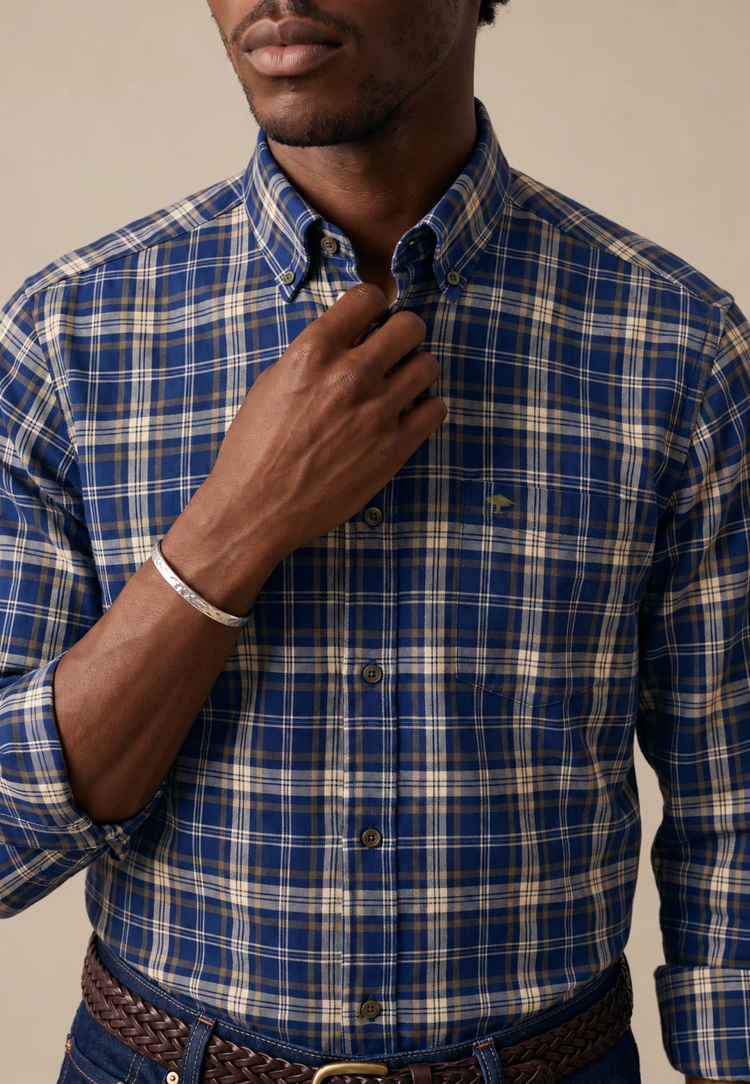 Fynch-Hatton Herringbone Check Button Down Shirt Ink Blue 16098710-661-M