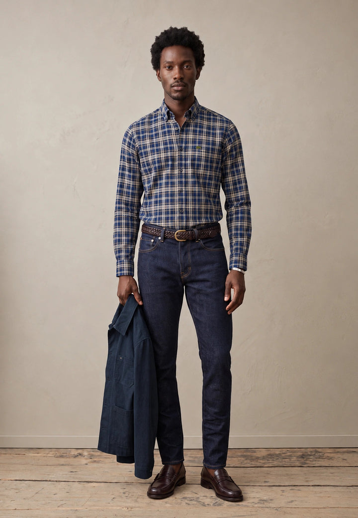 Fynch-Hatton Herringbone Check Button Down Shirt Ink Blue 16098710-661-M