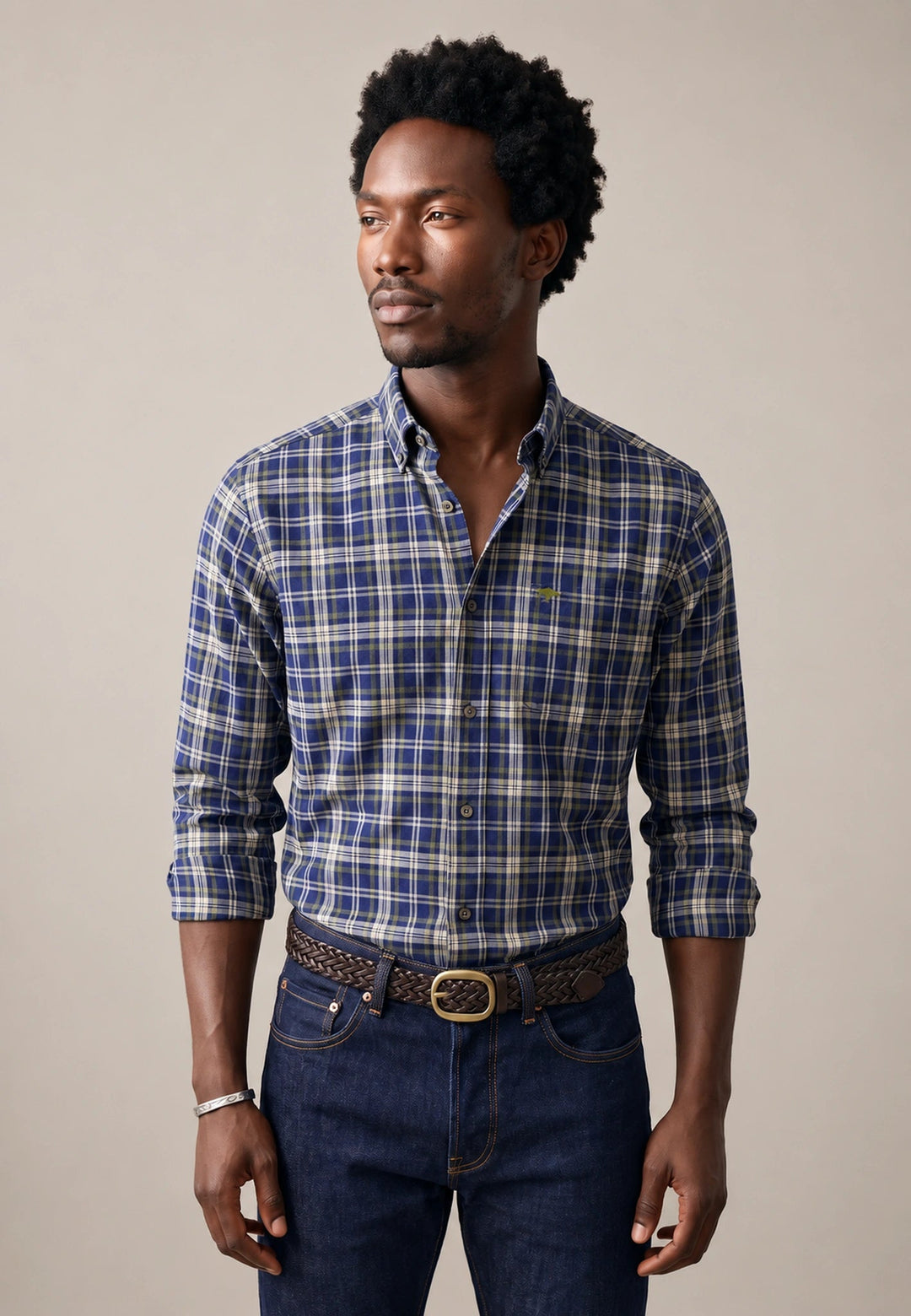 Fynch-Hatton Herringbone Check Button Down Shirt Ink Blue 16098710-661-M