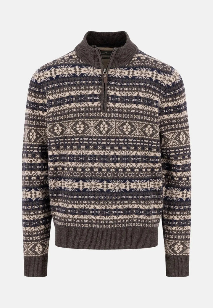 Fynch - Hatton Lambswool Jacquard 1/4 Zip Knit Dark Chocolate 1510365-861-S