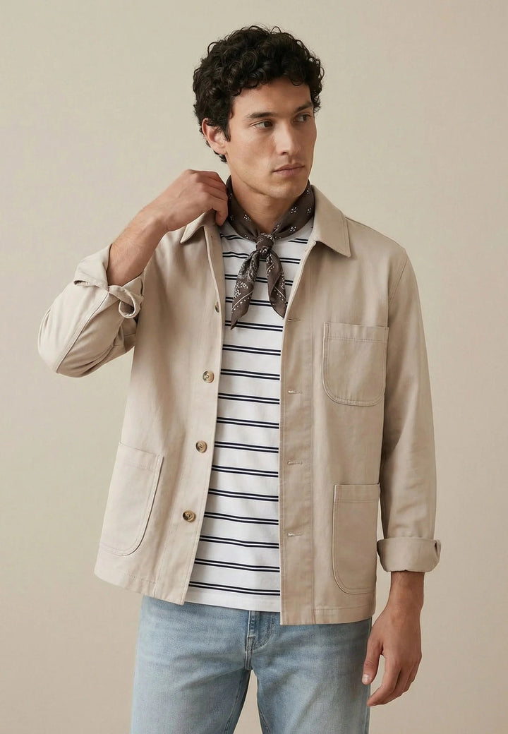 Fynch - Hatton Linen Blend Twill Worker Jacket Overshirt Stone 16032130-834-M