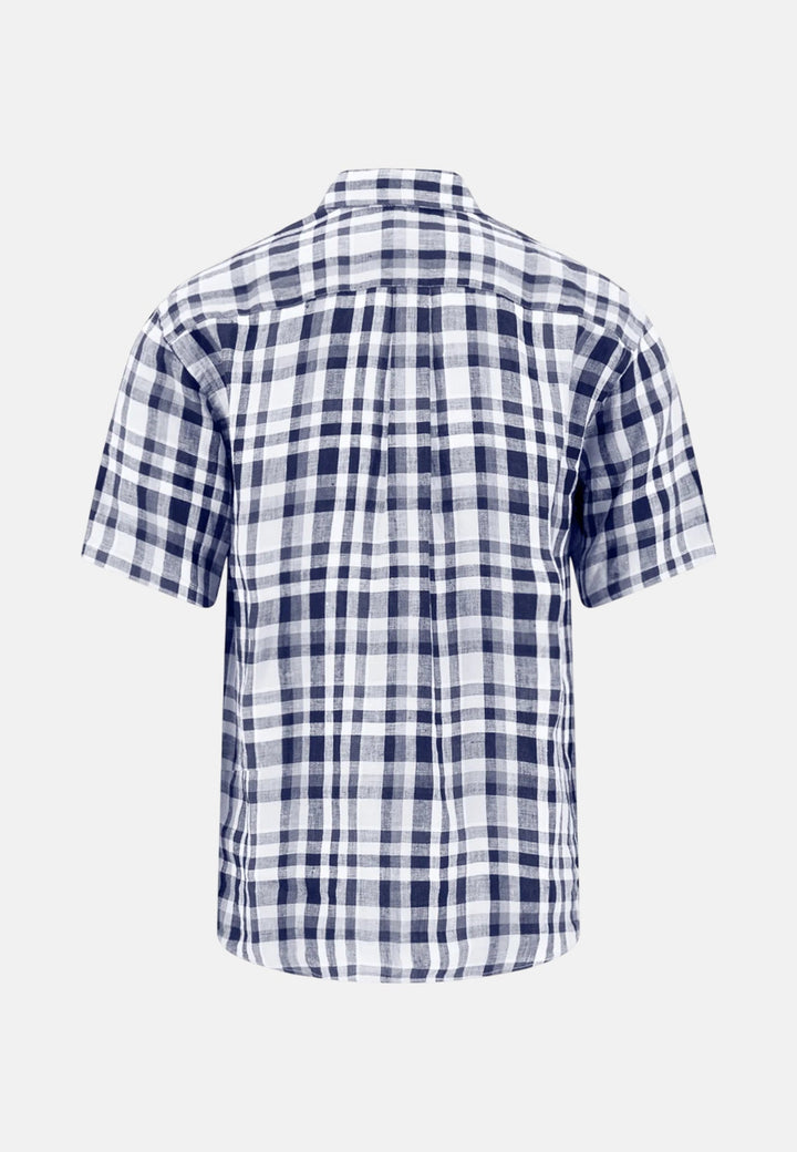 Fynch - Hatton Linen Check Button Down Short Sleeved Shirt Navy 16046031-685-M