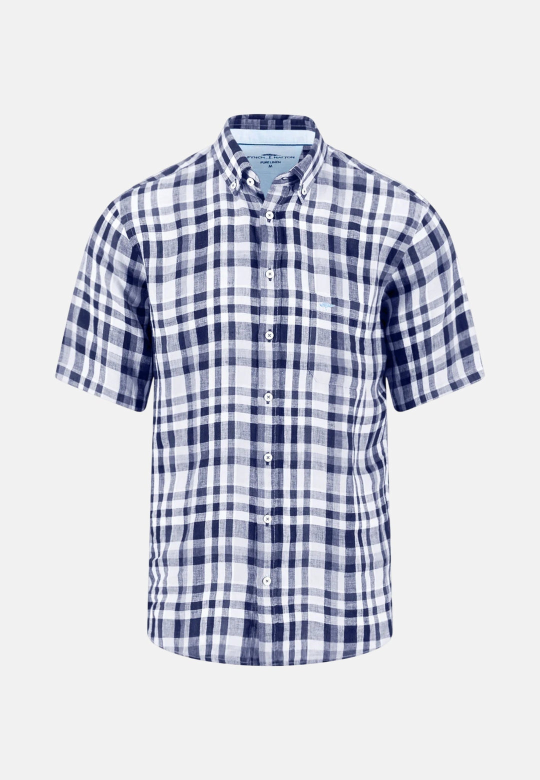 Fynch - Hatton Linen Check Button Down Short Sleeved Shirt Navy 16046031-685-M