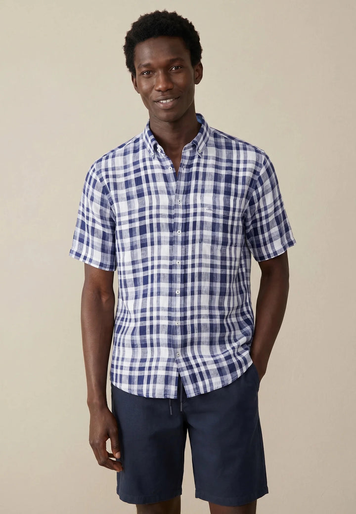 Fynch - Hatton Linen Check Button Down Short Sleeved Shirt Navy 16046031-685-M
