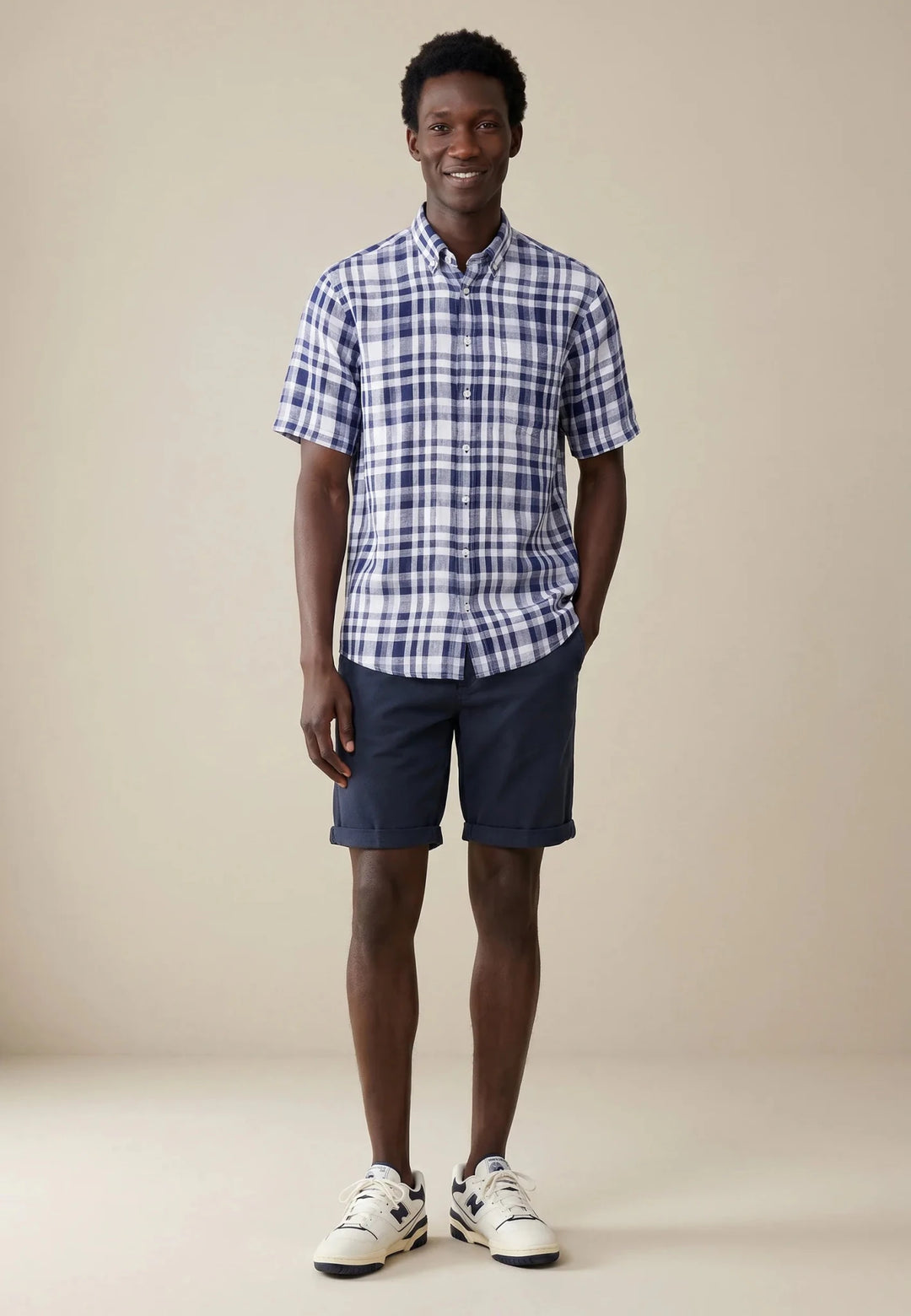 Fynch - Hatton Linen Check Button Down Short Sleeved Shirt Navy 16046031-685-M
