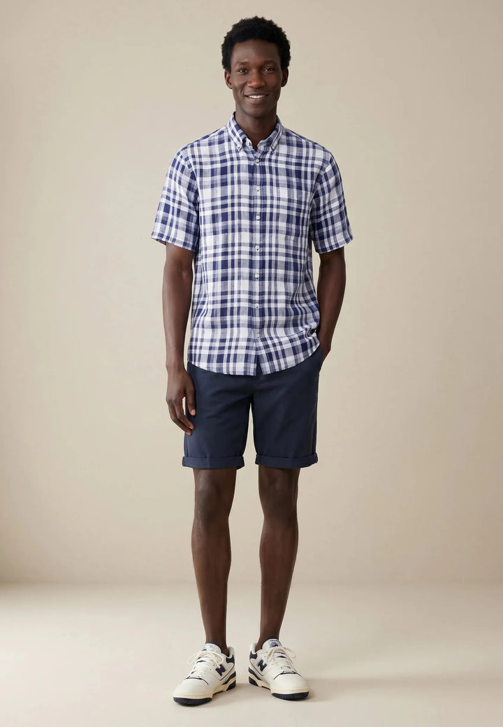 Fynch - Hatton Linen Check Button Down Short Sleeved Shirt Navy 16046031-685-M