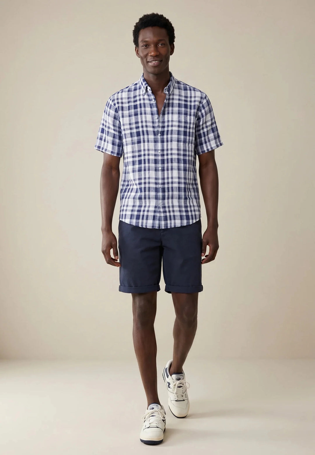Fynch - Hatton Linen Check Button Down Short Sleeved Shirt Navy 16046031-685-M