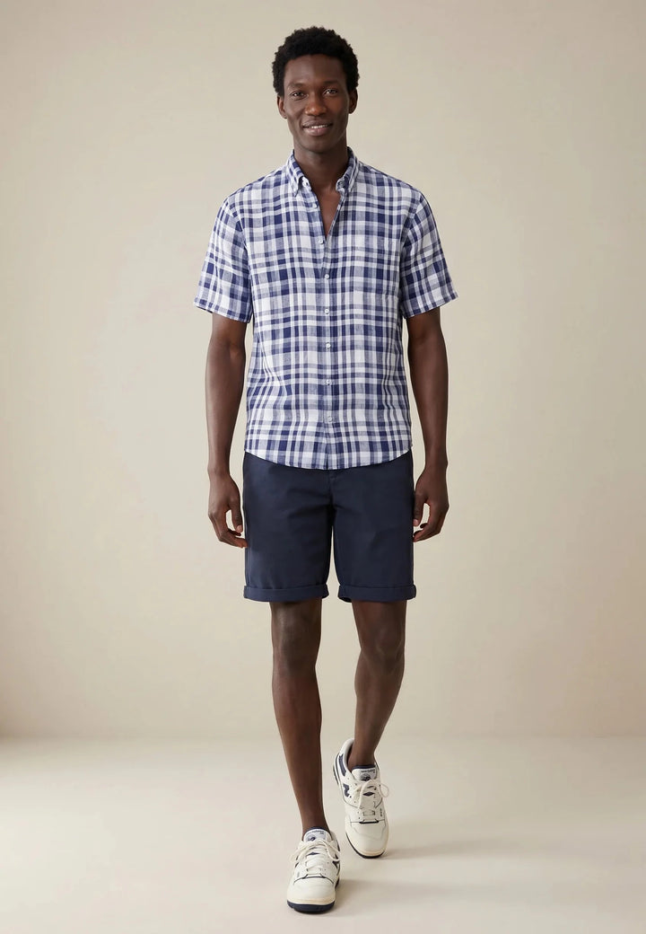 Fynch - Hatton Linen Check Button Down Short Sleeved Shirt Navy 16046031-685-M
