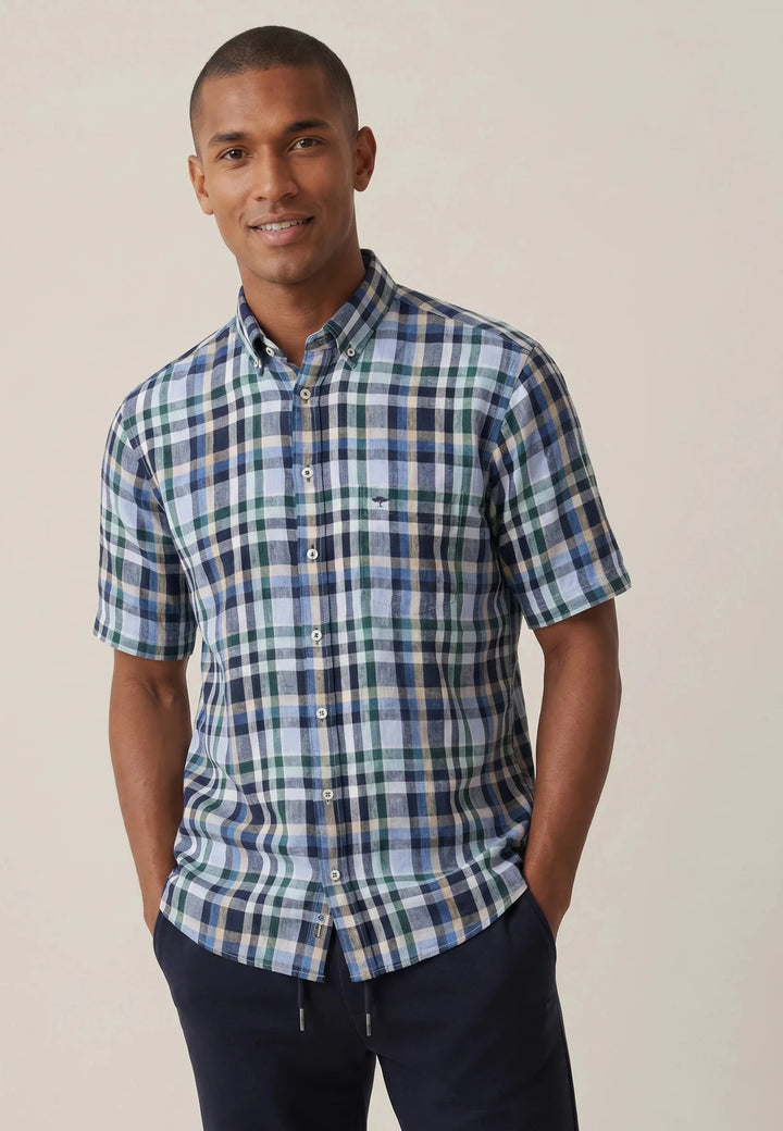 Fynch - Hatton Linen Check Button Down Short Sleeved Shirt Pine Green 16046031-727-M