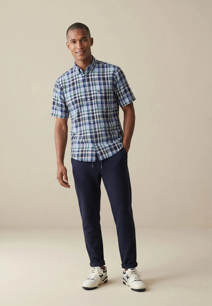 Fynch - Hatton Linen Check Button Down Short Sleeved Shirt Pine Green 16046031-727-M
