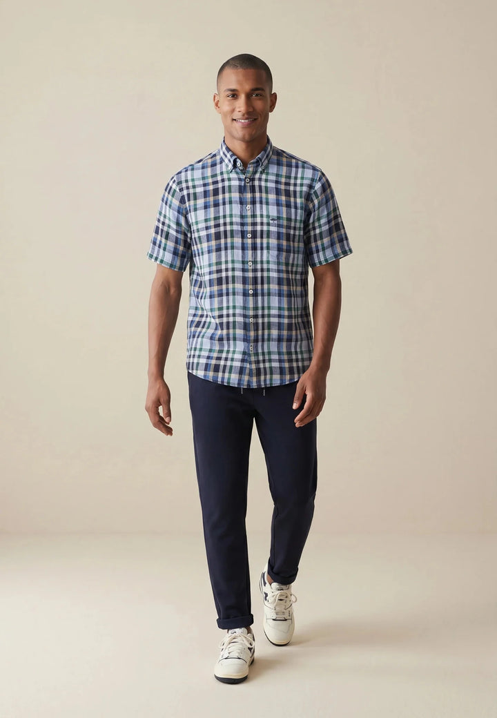 Fynch - Hatton Linen Check Button Down Short Sleeved Shirt Pine Green 16046031-727-M