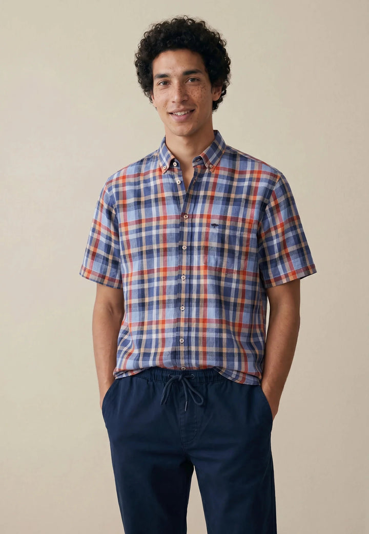 Fynch - Hatton Linen Check Button Down Short Sleeved Shirt Spicy Red 16046031-369-M