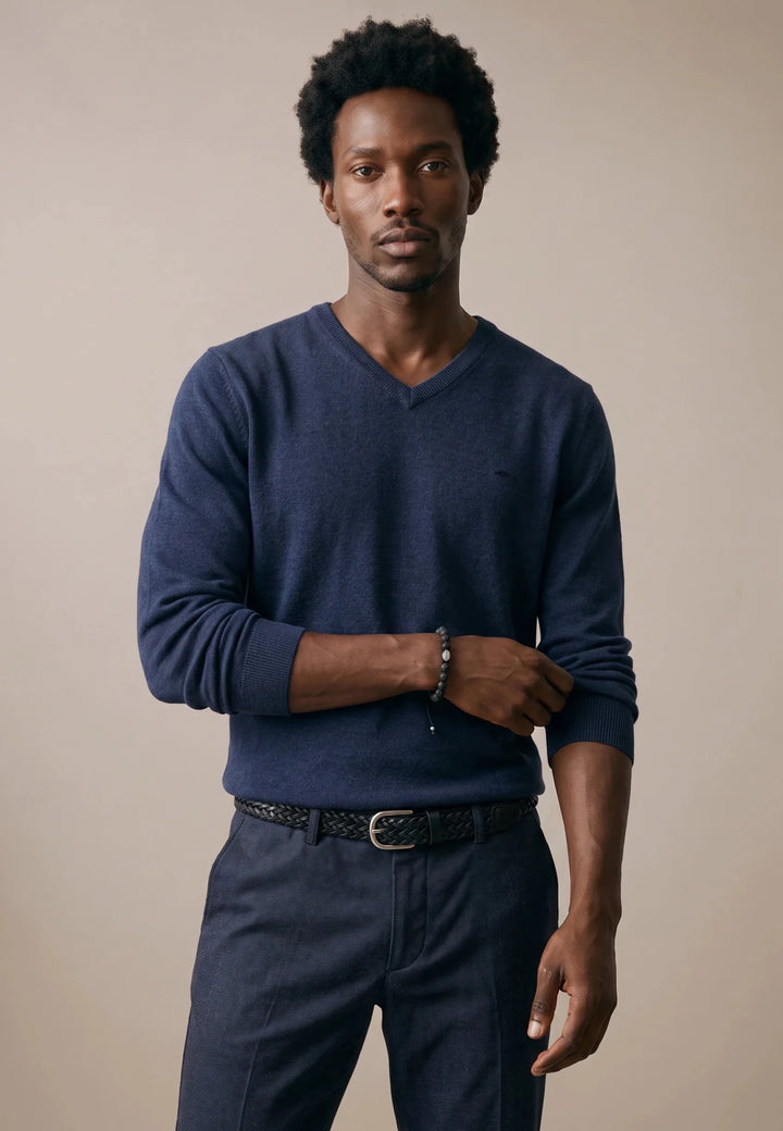 Fynch-Hatton Merino Cashmere V-Neck Knit Ink Blue 1000801-661-M
