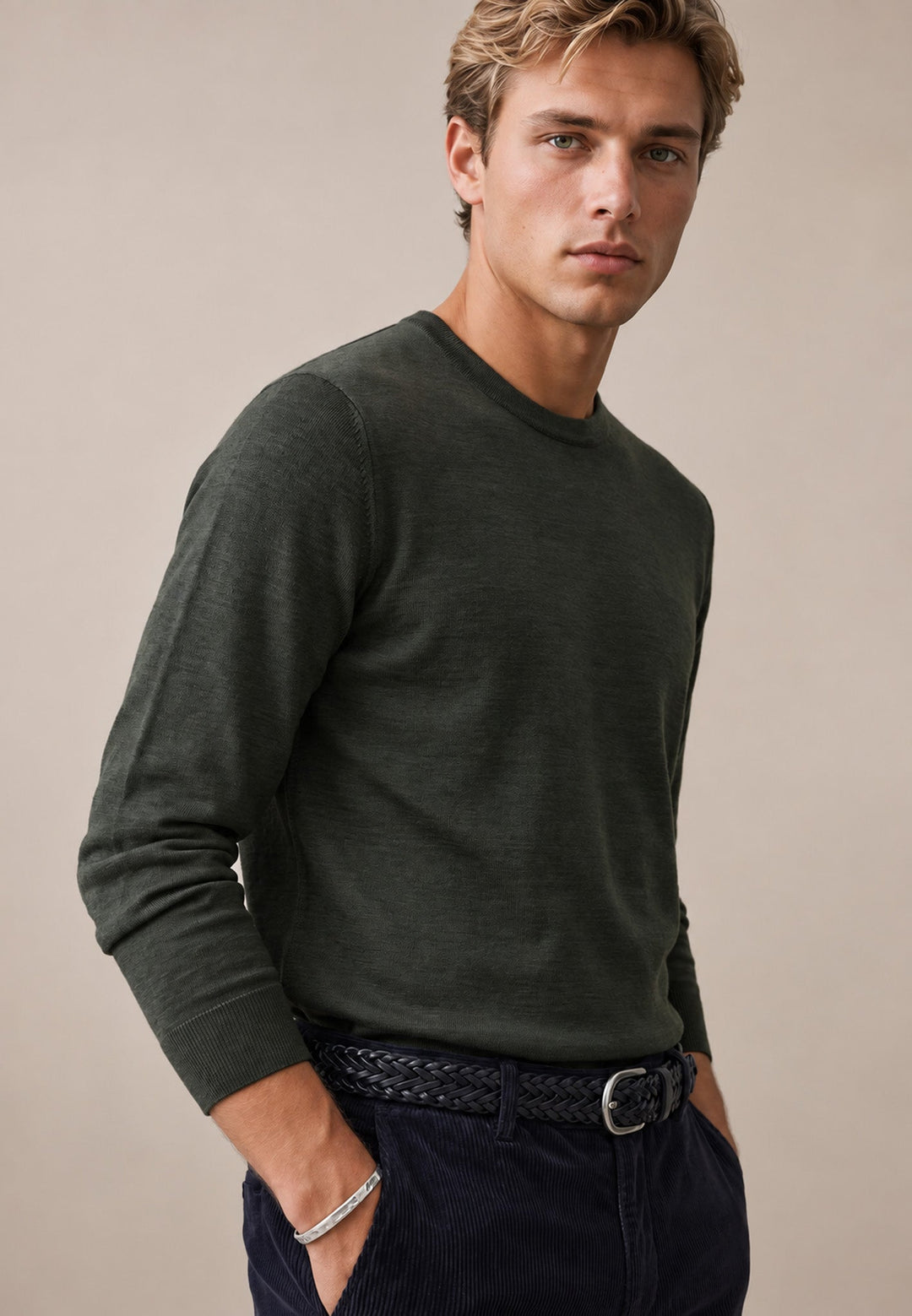 Fynch-Hatton Merino Wool Fine Gauge Crewneck Knit Cypress 1614715-749-S