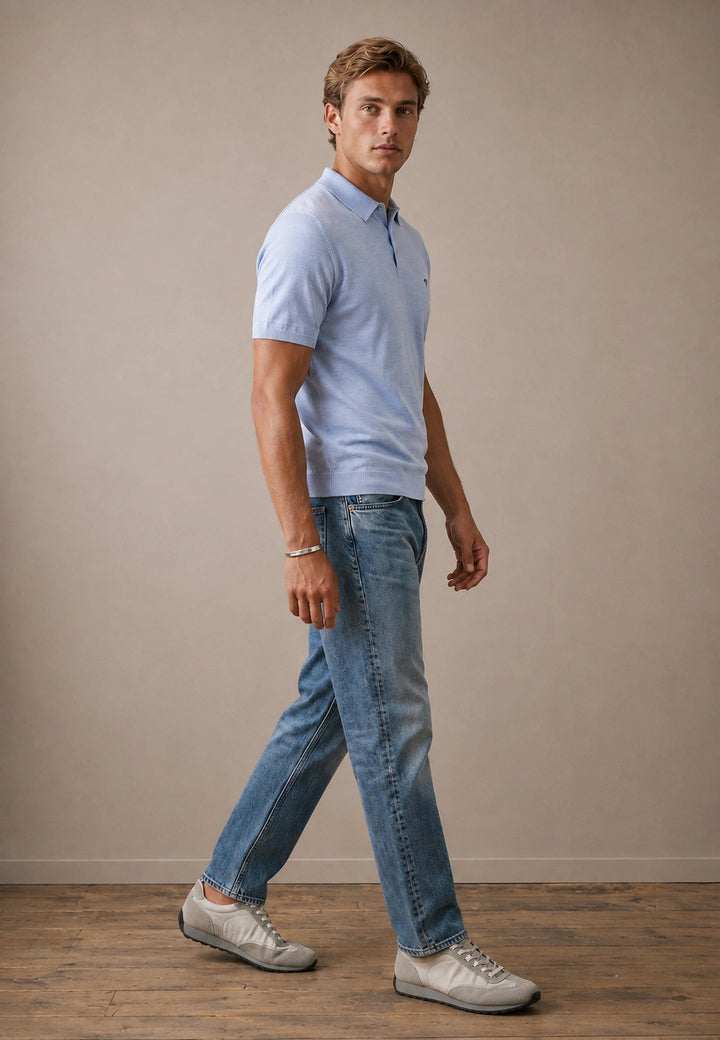 Fynch-Hatton Merino Wool Fine Gauge Knit Polo Shirt Air Blue 1607721-660-M
