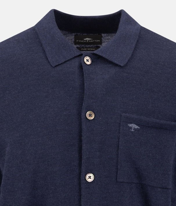 Fynch-Hatton Merino Wool Fine Gauge Polo Button Cardigan Navy 1614718-690-M