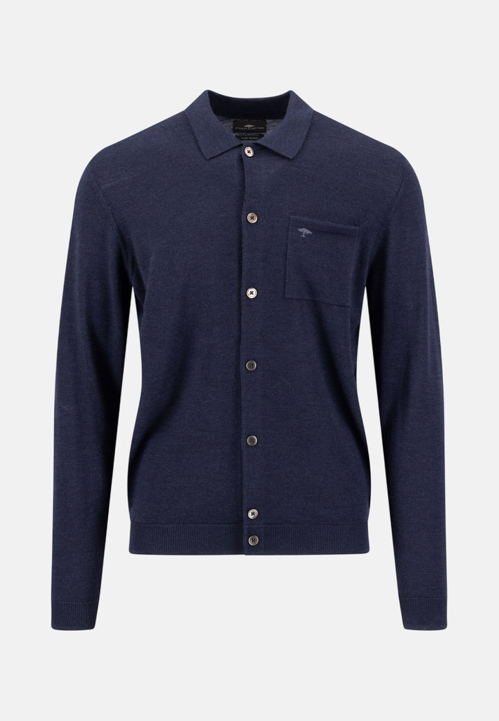Fynch-Hatton Merino Wool Fine Gauge Polo Button Cardigan Navy 1614718-690-M