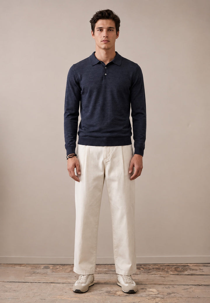 Fynch-Hatton Merino Wool Fine Gauge Polo Collar Knit Navy 1614717-690-M