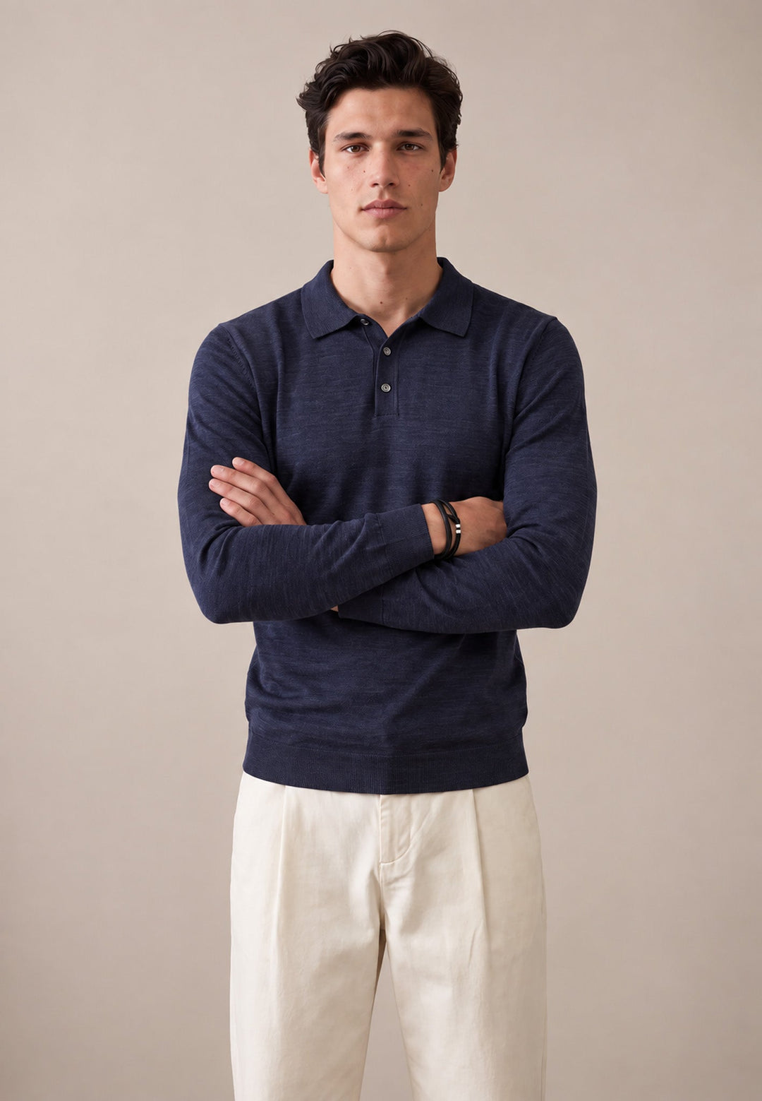 Fynch-Hatton Merino Wool Fine Gauge Polo Collar Knit Navy 1614717-690-M