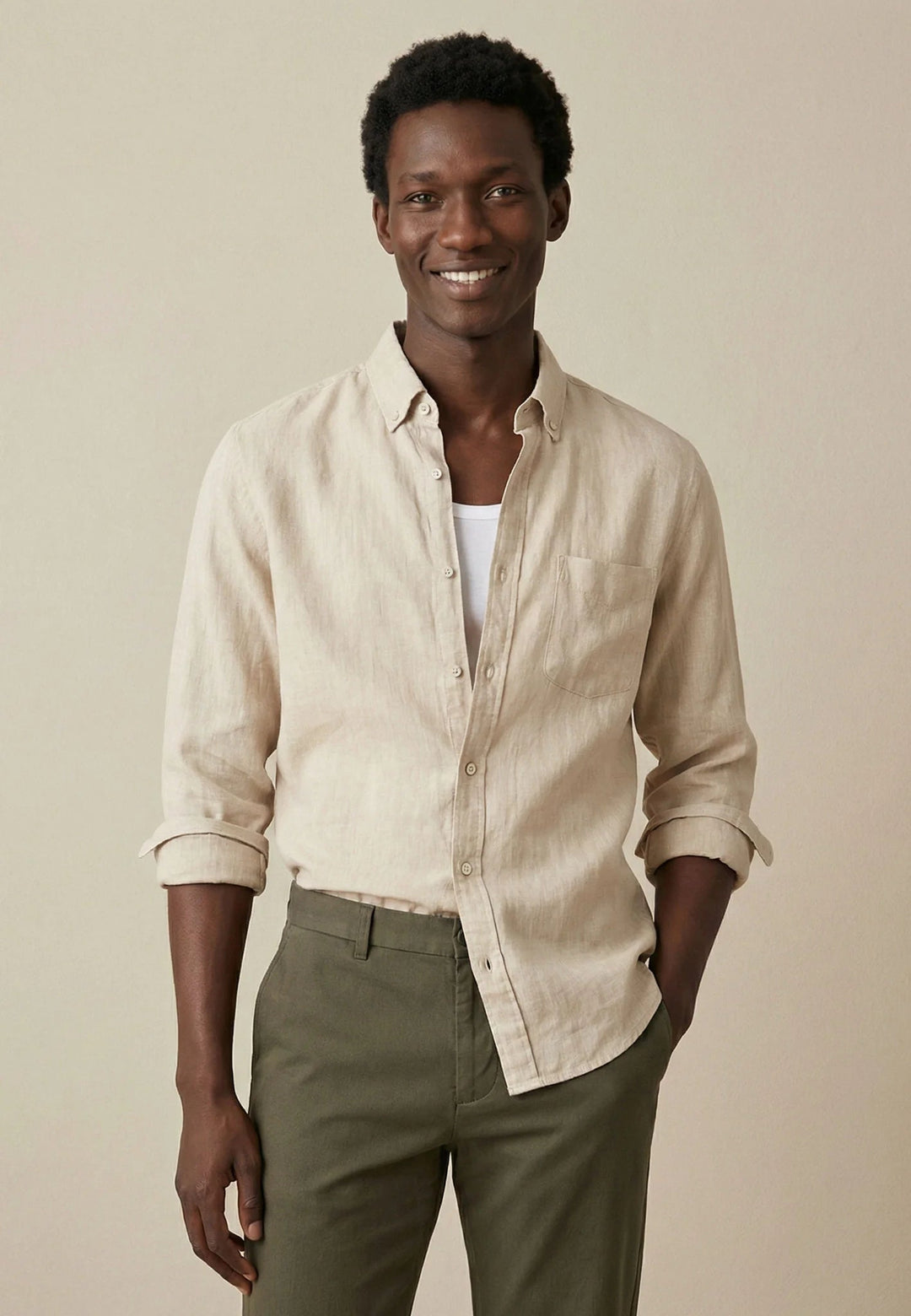 Fynch - Hatton Needle Stripe Linen Button Down Shirt Sand 16046010-837-M