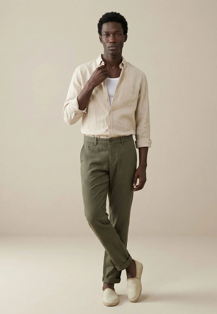 Fynch - Hatton Needle Stripe Linen Button Down Shirt Sand 16046010-837-M