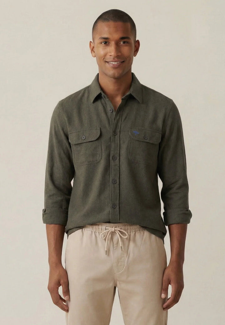 Fynch - Hatton Patch Pocket Herringbone Linen Overshirt Dark Khaki 16038504-719-M