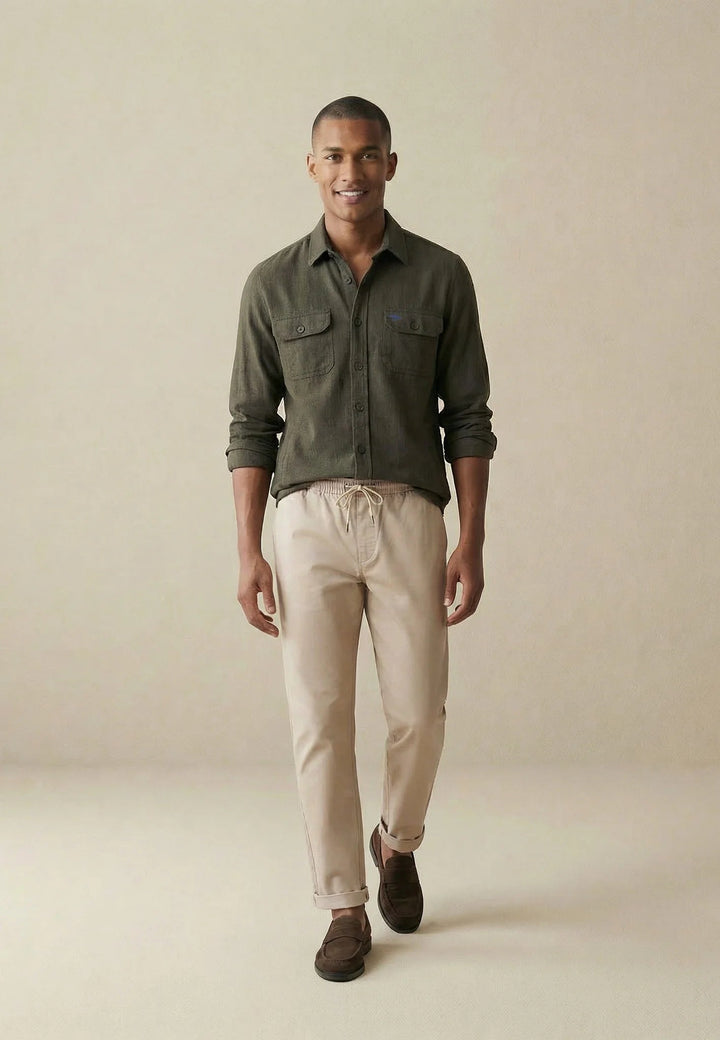 Fynch - Hatton Patch Pocket Herringbone Linen Overshirt Dark Khaki 16038504-719-M
