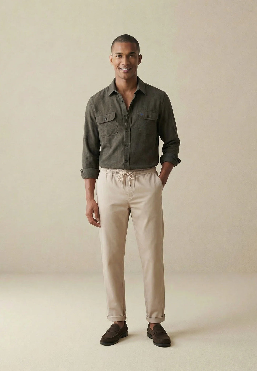 Fynch - Hatton Patch Pocket Herringbone Linen Overshirt Dark Khaki 16038504-719-M