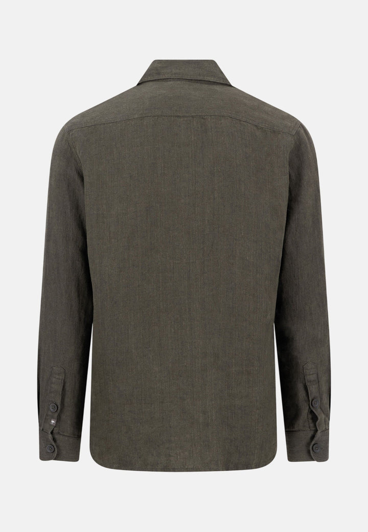 Fynch - Hatton Patch Pocket Herringbone Linen Overshirt Dark Khaki 16038504-719-M