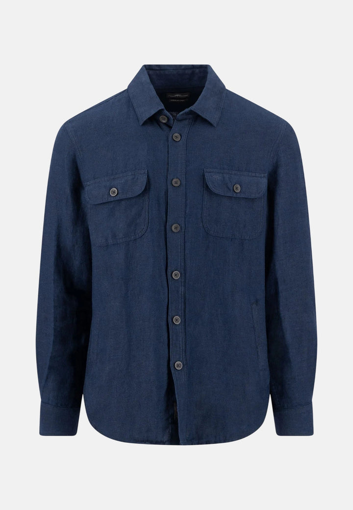 Fynch - Hatton Patch Pocket Herringbone Linen Overshirt Navy 16038504-685-M