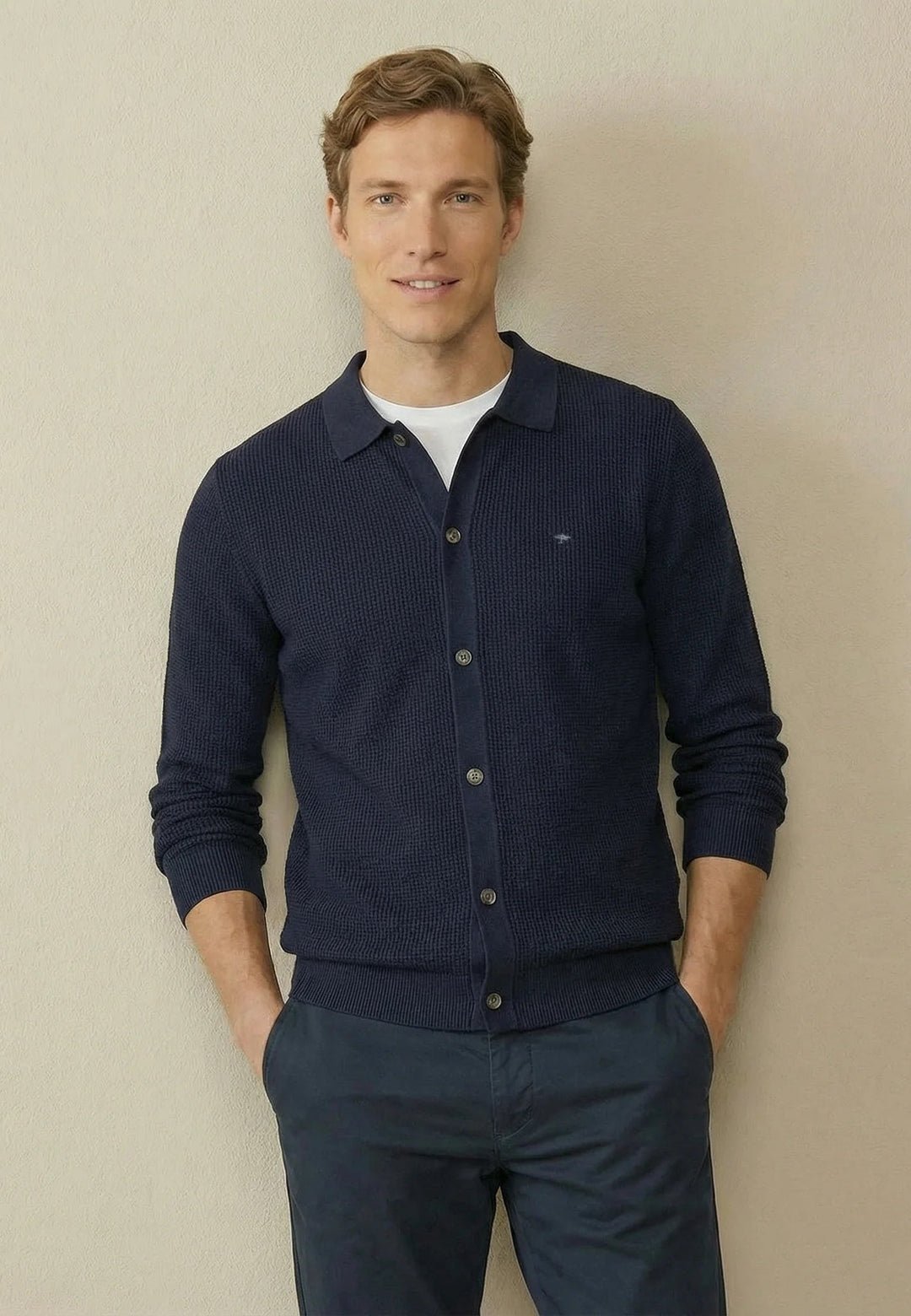 Fynch - Hatton Polo Collar Structured Cardigan Navy - 1603609-690-M - fynch - hatton.co.uk