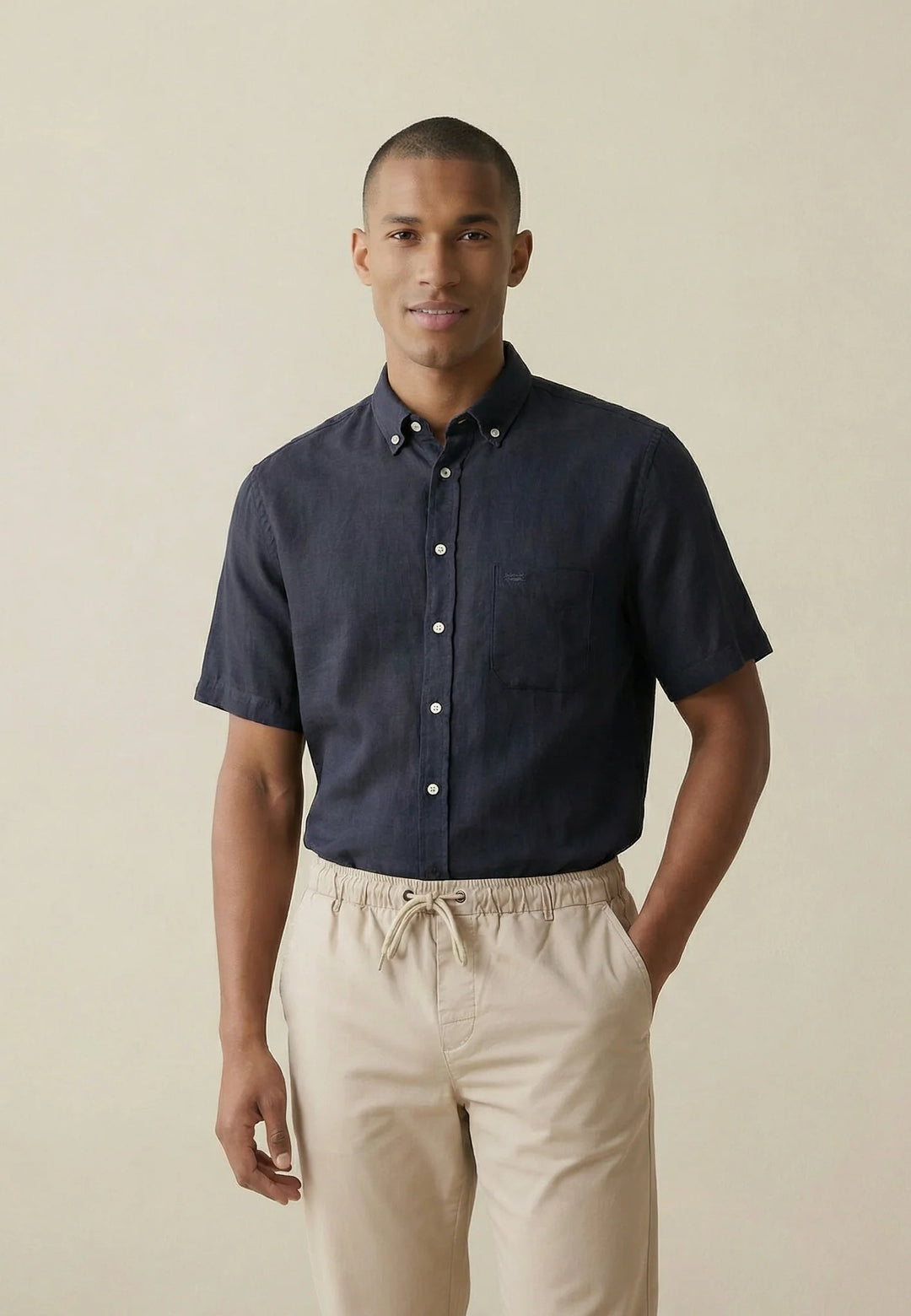 Fynch - Hatton Premium Linen Button Down Short Sleeved Shirt Navy 16046001-685-M