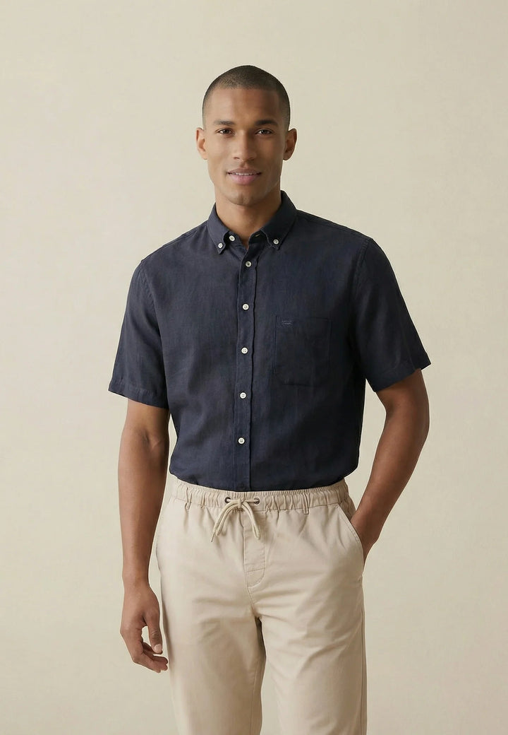 Fynch - Hatton Premium Linen Button Down Short Sleeved Shirt Navy 16046001-685-M