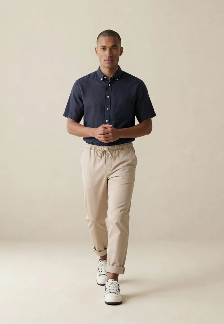 Fynch - Hatton Premium Linen Button Down Short Sleeved Shirt Navy 16046001-685-M