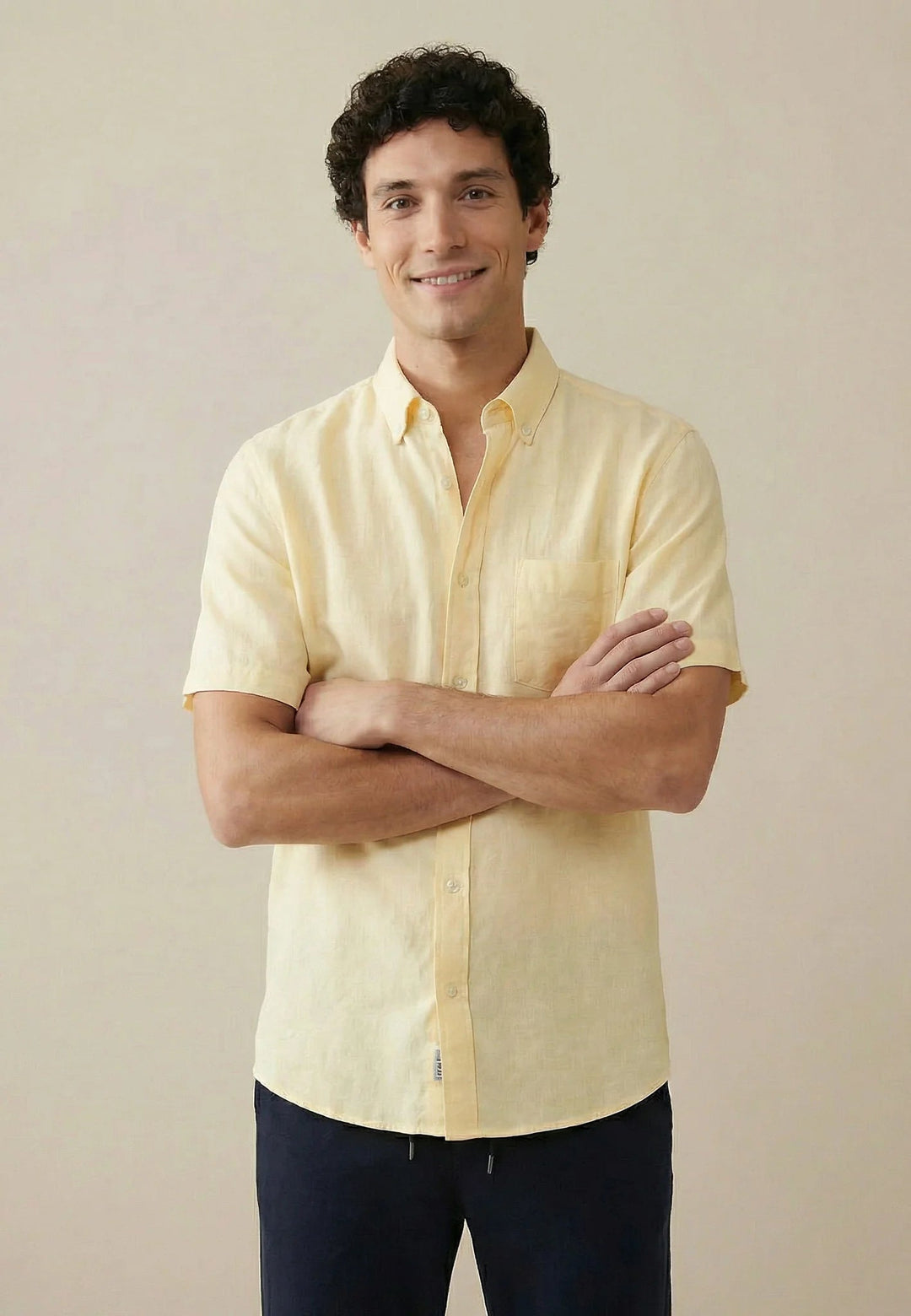 Fynch - Hatton Premium Linen Button Down Short Sleeved Shirt Pale Yellow 16046001-113-M
