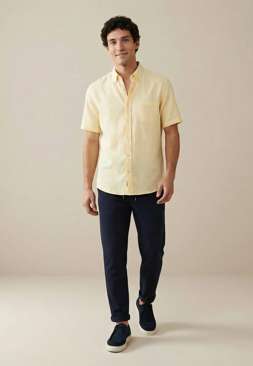 Fynch - Hatton Premium Linen Button Down Short Sleeved Shirt Pale Yellow 16046001-113-M