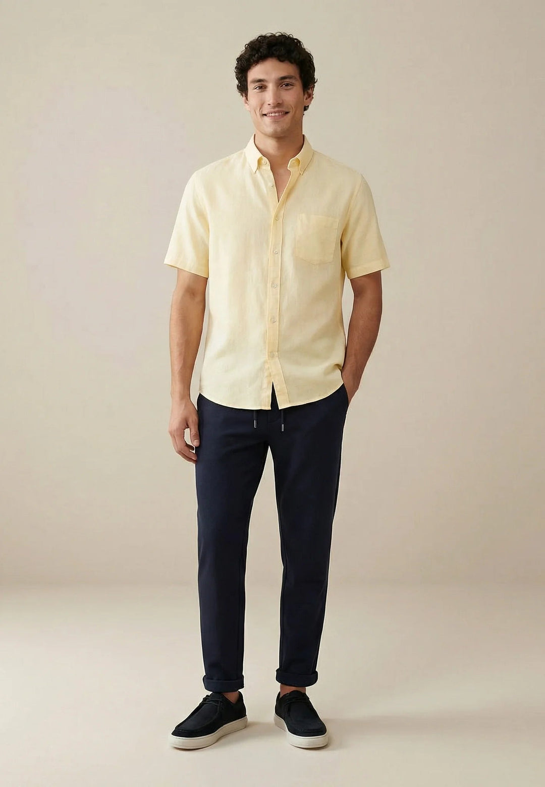 Fynch - Hatton Premium Linen Button Down Short Sleeved Shirt Pale Yellow 16046001-113-M