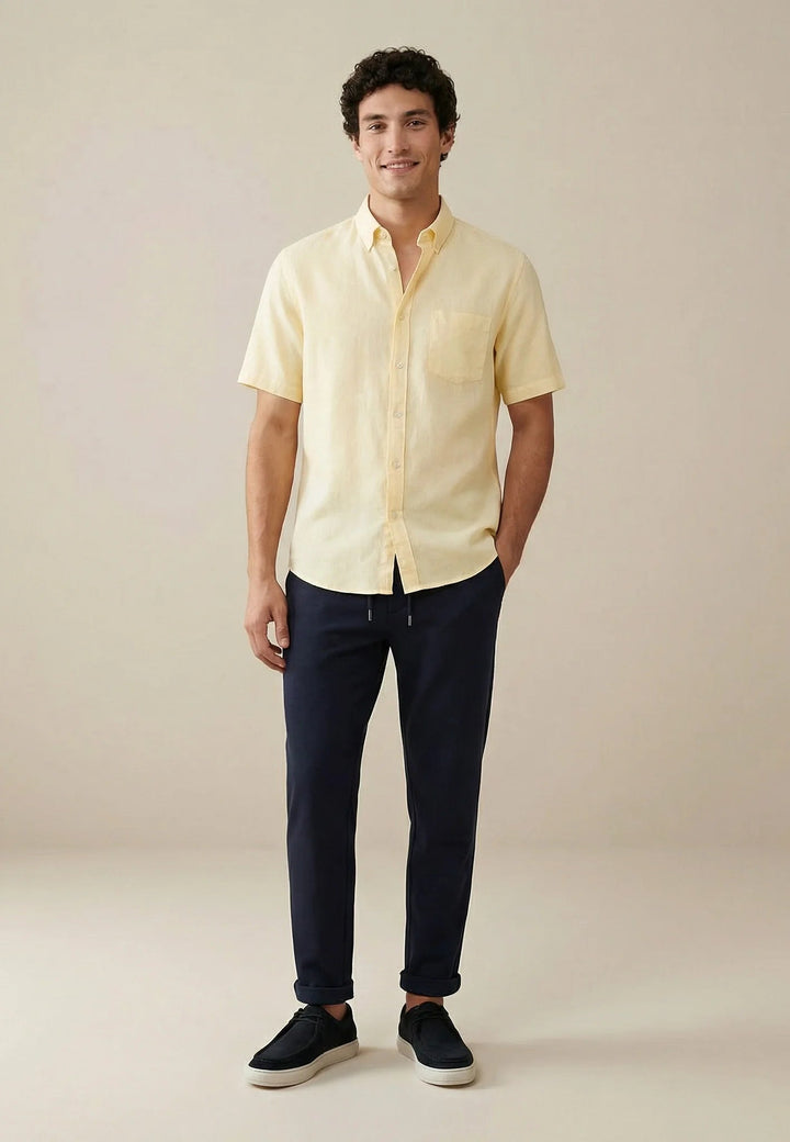 Fynch - Hatton Premium Linen Button Down Short Sleeved Shirt Pale Yellow 16046001-113-M