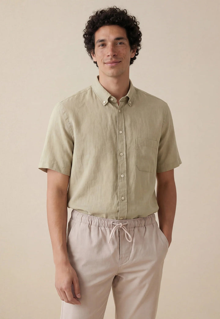 Fynch - Hatton Premium Linen Button Down Short Sleeved Shirt Pistachio 16046001-745-M