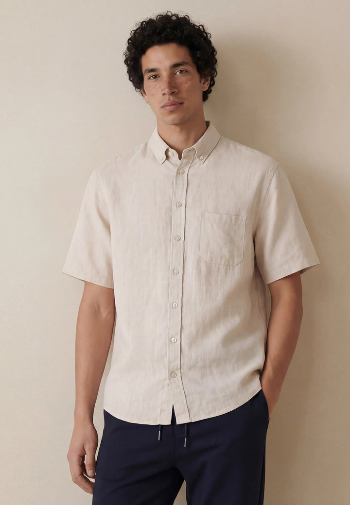 Fynch - Hatton Premium Linen Button Down Short Sleeved Shirt Sand 16046001-837-M