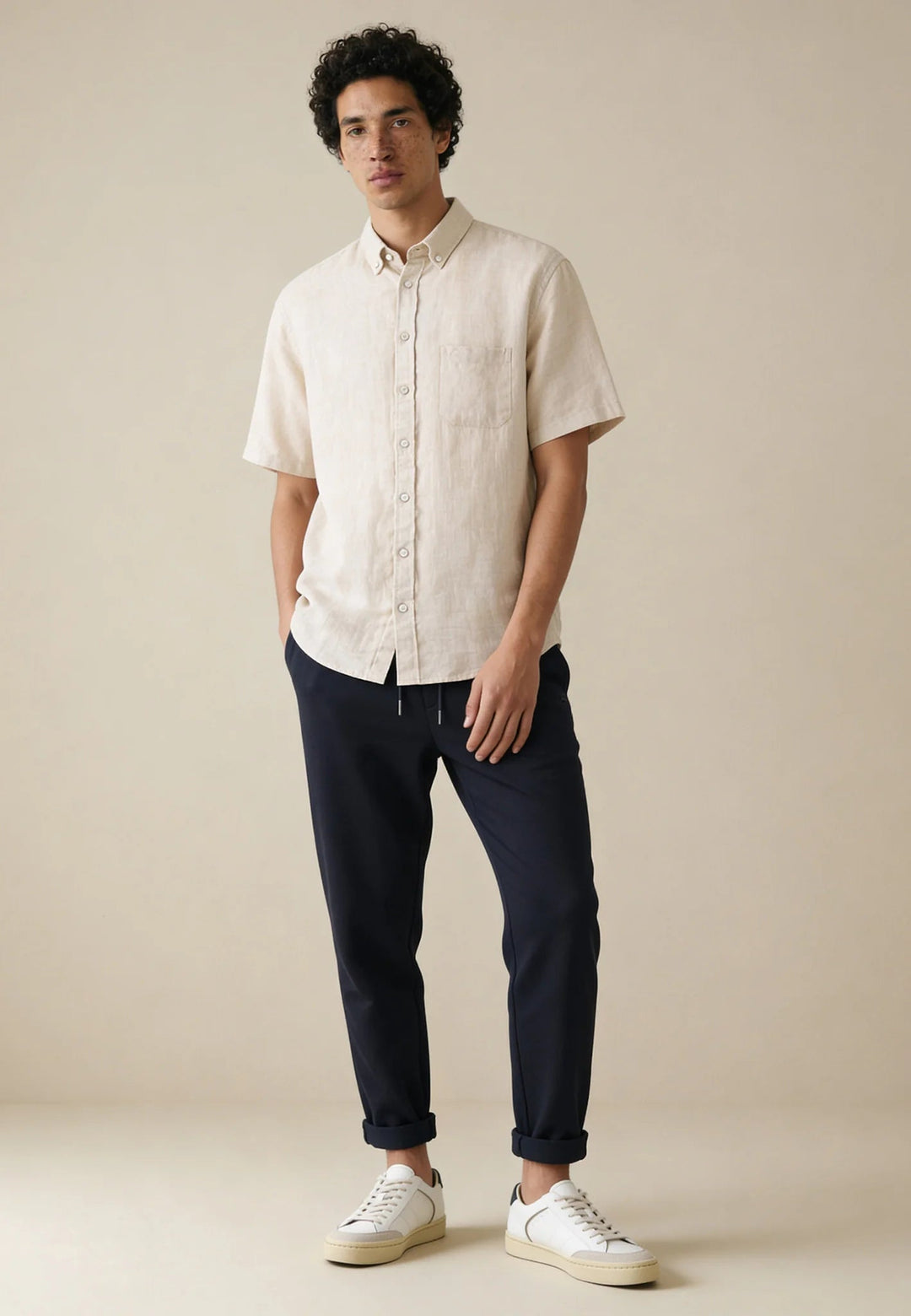 Fynch - Hatton Premium Linen Button Down Short Sleeved Shirt Sand 16046001-837-M