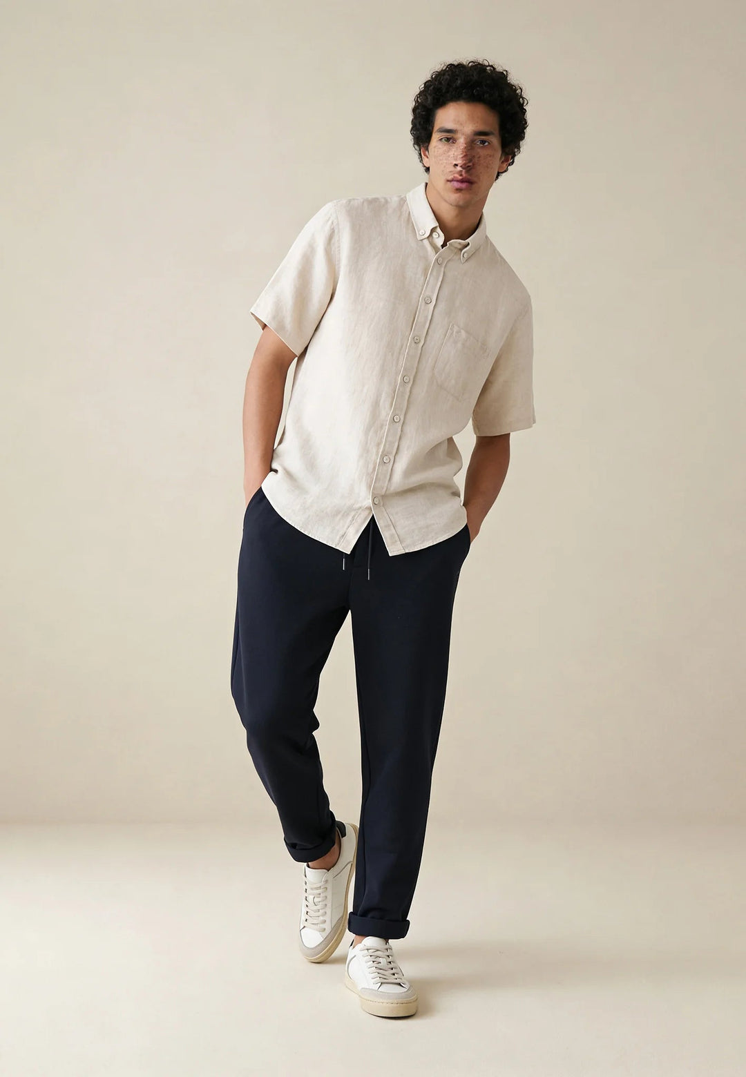 Fynch - Hatton Premium Linen Button Down Short Sleeved Shirt Sand 16046001-837-M