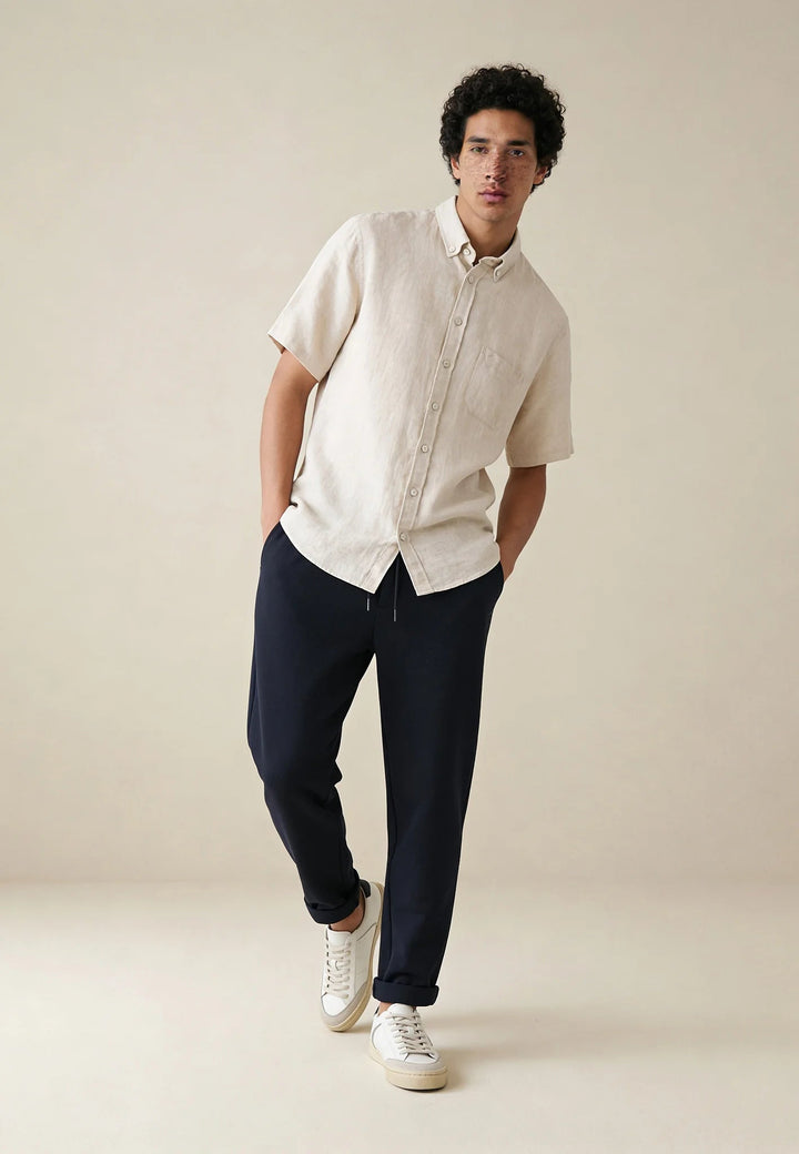 Fynch - Hatton Premium Linen Button Down Short Sleeved Shirt Sand 16046001-837-M