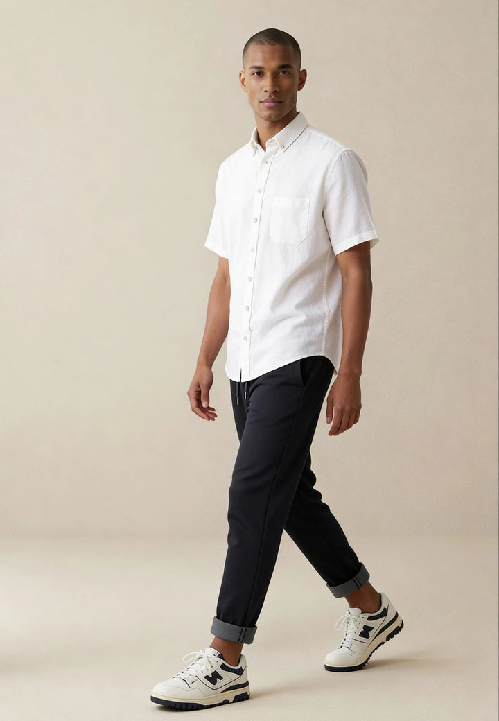 Fynch - Hatton Premium Linen Button Down Short Sleeved Shirt White 16046001-802-M